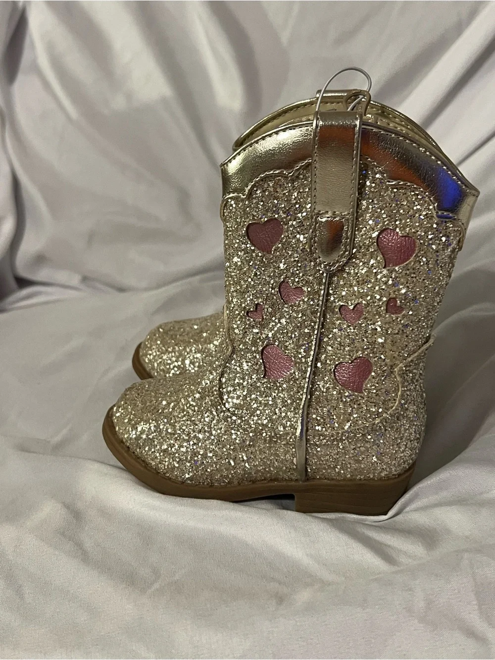 Cat & Jack Glitter Heart Cowboy Boots in Gold with Pink Hearts
